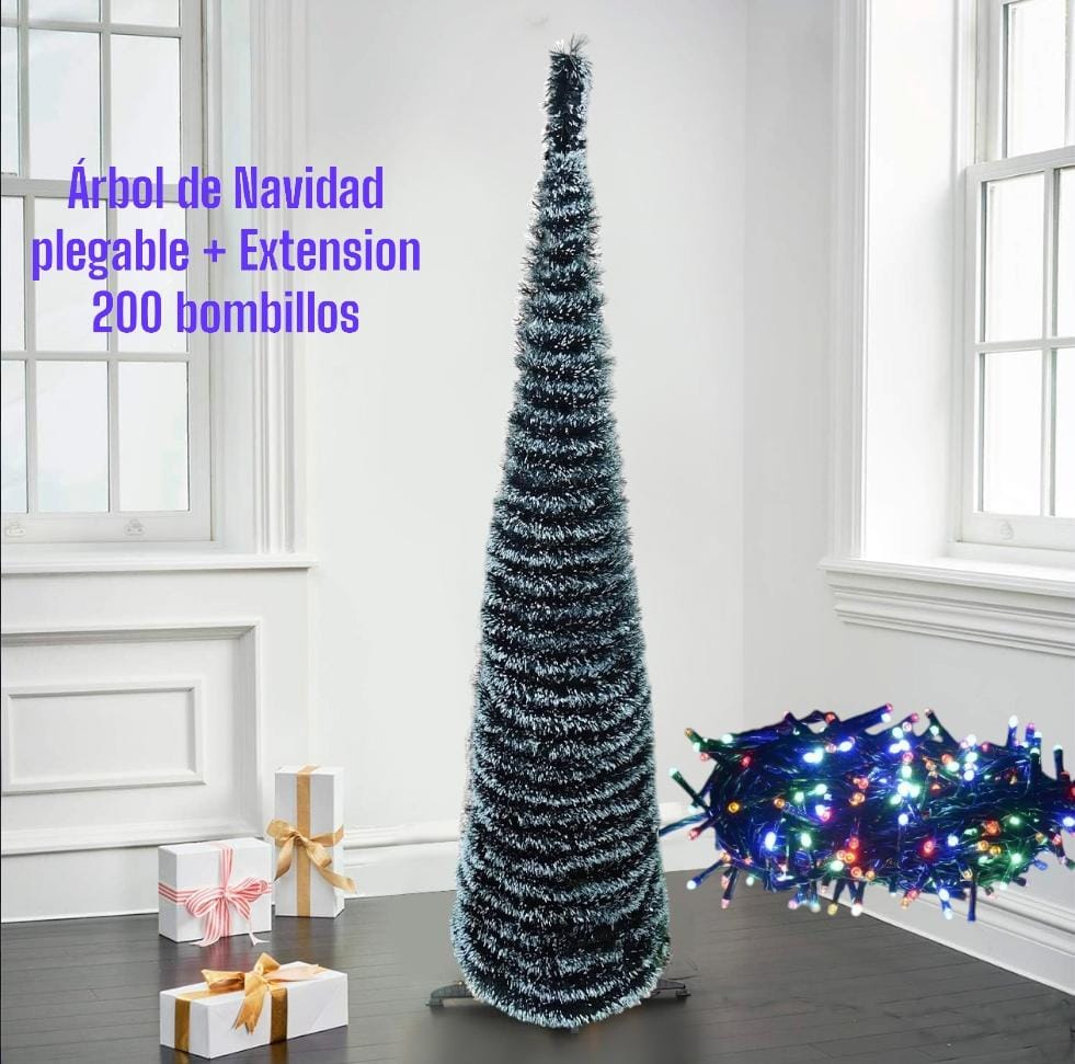 ÁRBOL DE NAVIDAD PLEGABLE RÁPIDO Y FÁCIL DE ARMAR + EXTENSIÓN NAVIDEÑA DE 200 BOMBILLOS T