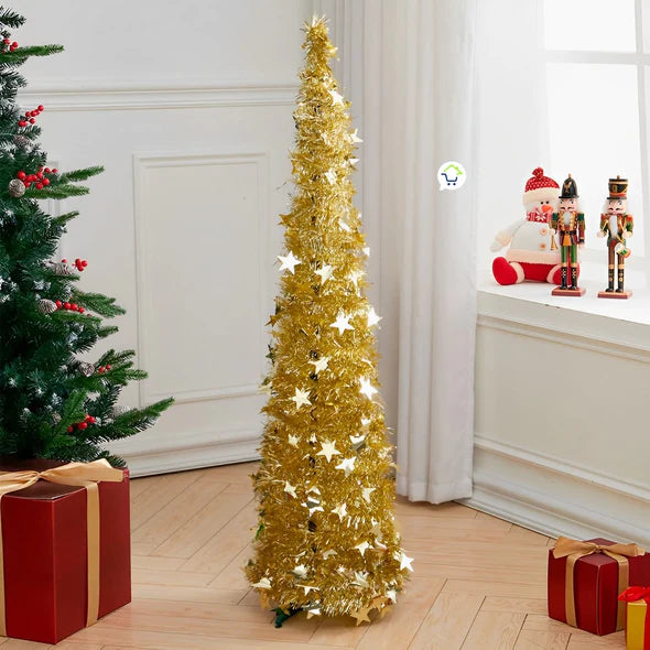 ÁRBOL DE NAVIDAD PLEGABLE RÁPIDO Y FÁCIL DE ARMAR + EXTENSIÓN NAVIDEÑA DE 200 BOMBILLOS